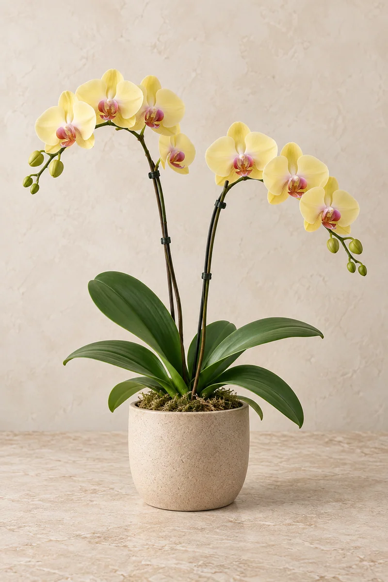 Orkide Güneşi — Sarı Phalaenopsis & seramik saksı